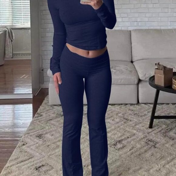 Navy Women's 2 Piece Fitted Flare Pants & Crew Neck T-Shirt Lounge Set Small - Picture 4 of 6